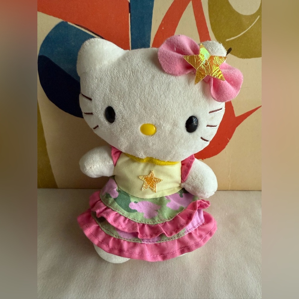 Vintage Nakajima Sanrio Hello Kitty Plush Toy with Pink Bow Yellow Pink Dress